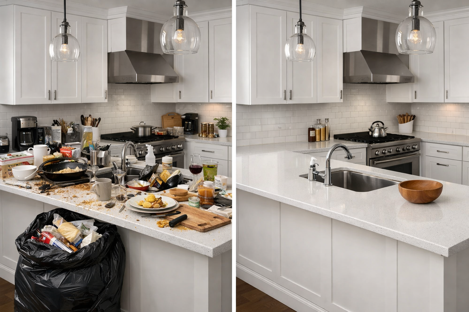 Before and after kitchen cleaning by Pearl Clean Co.